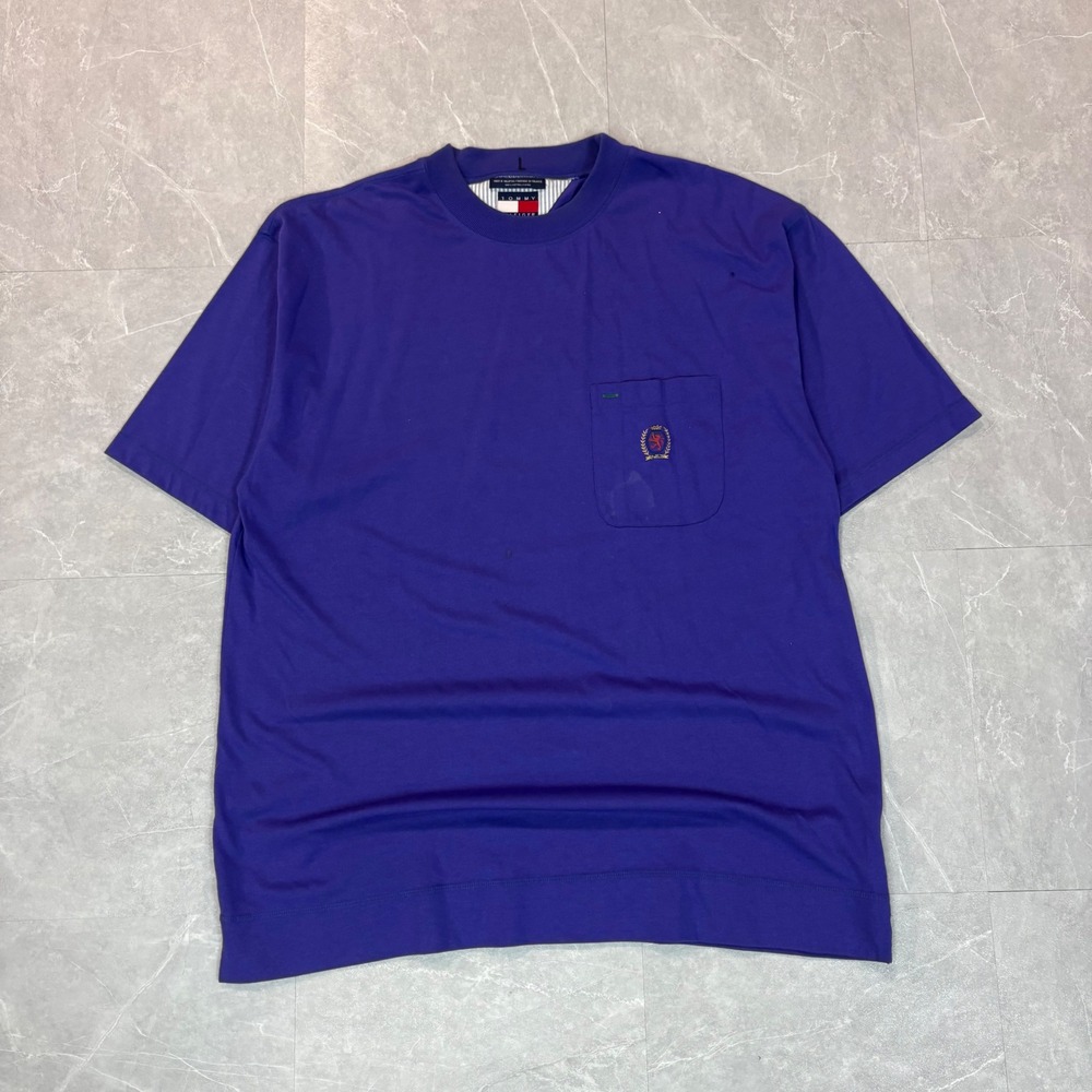 Vintage Tommy Hilfiger Mens Large Purple Crest Pocket T-Shirt‎ 90s Cotton L/G